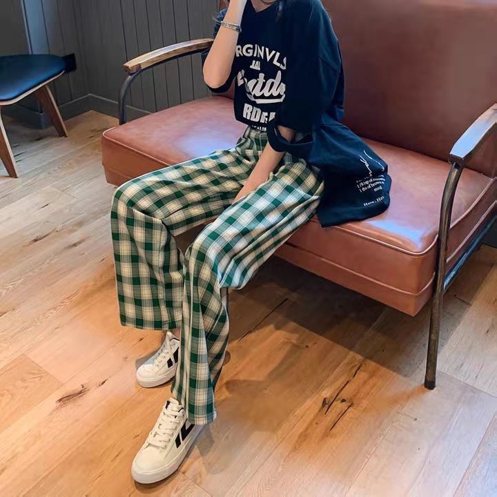 Straight loose pants women clothes plaid casual trousers women plus size fat MM hanging pants trousers