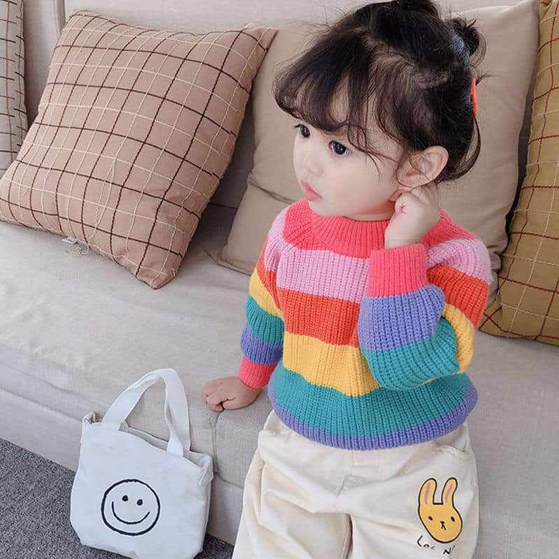 Áo Len Cho Bé Gái Họa Tiết Cầu Vồng Nhiều Màu Sắc Phong Cách Hàn Quốc Dễ Thương - Áo Len Cổ Tròn Cho Bé Yêu - ALB01