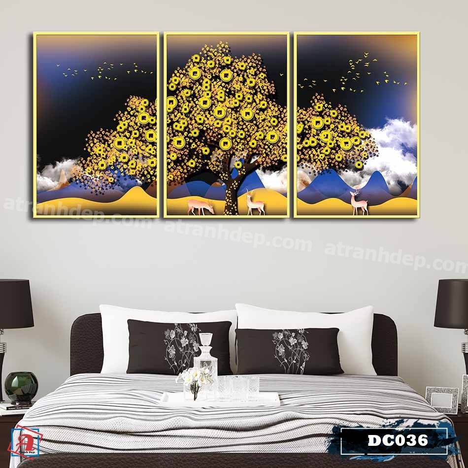 Bộ 3 tranh canvas treo tường Decor Họa tiết hươu và cây kim tiền, phong cách hiện đại – DC036