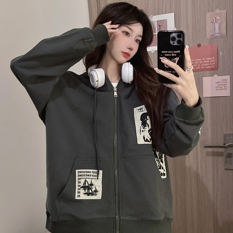 Áo hoodie ZHELIHANGFEI dài tay dáng rộng phong cách retro Mỹ