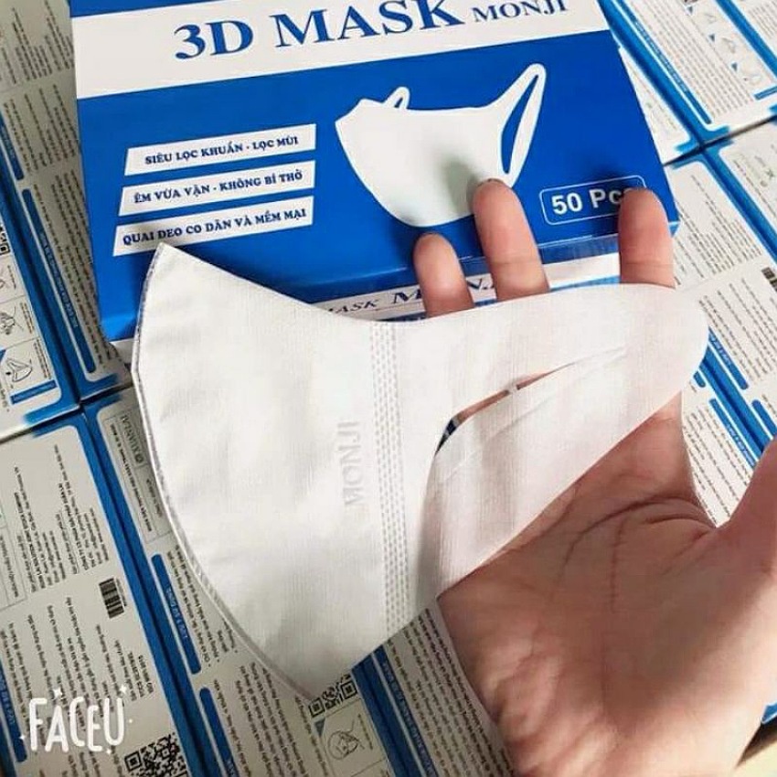 Khẩu trang 3D mask Monji, hộp 50 cái, khẩu trang y tế công nghệ Nhật Bản, đa lớp kháng khuẩn,dây đeo co dãn, nhiều màu