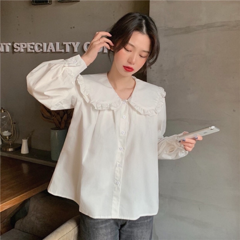 Áo sơ mi kiểu cổ sen tròn dáng bánh bèo điệu tiểu thư xinh xắn