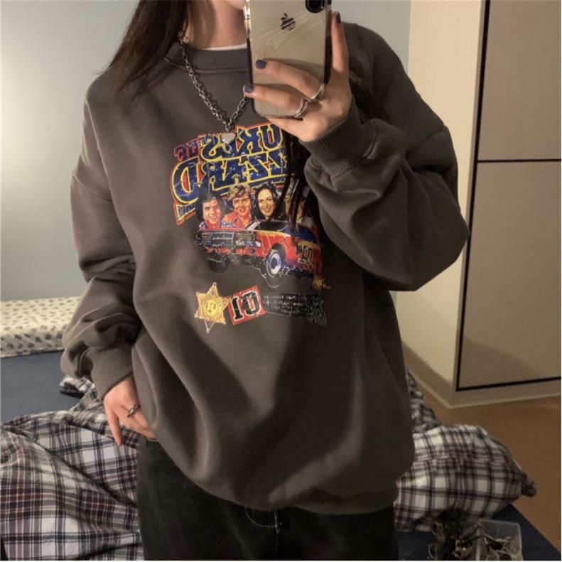 Áo nỉ tay dài cổ tròn dáng rộng in họa tiết hoạt hình thời trang cho nữ