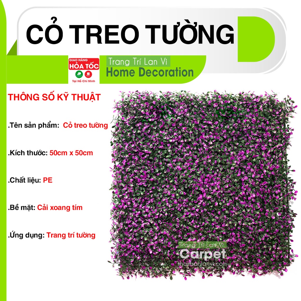 Cỏ nhân tạo treo tường, tấm cỏ nhựa cải xoang tím trang trí không gian nhà cửa kích thước 40cm x 60cm