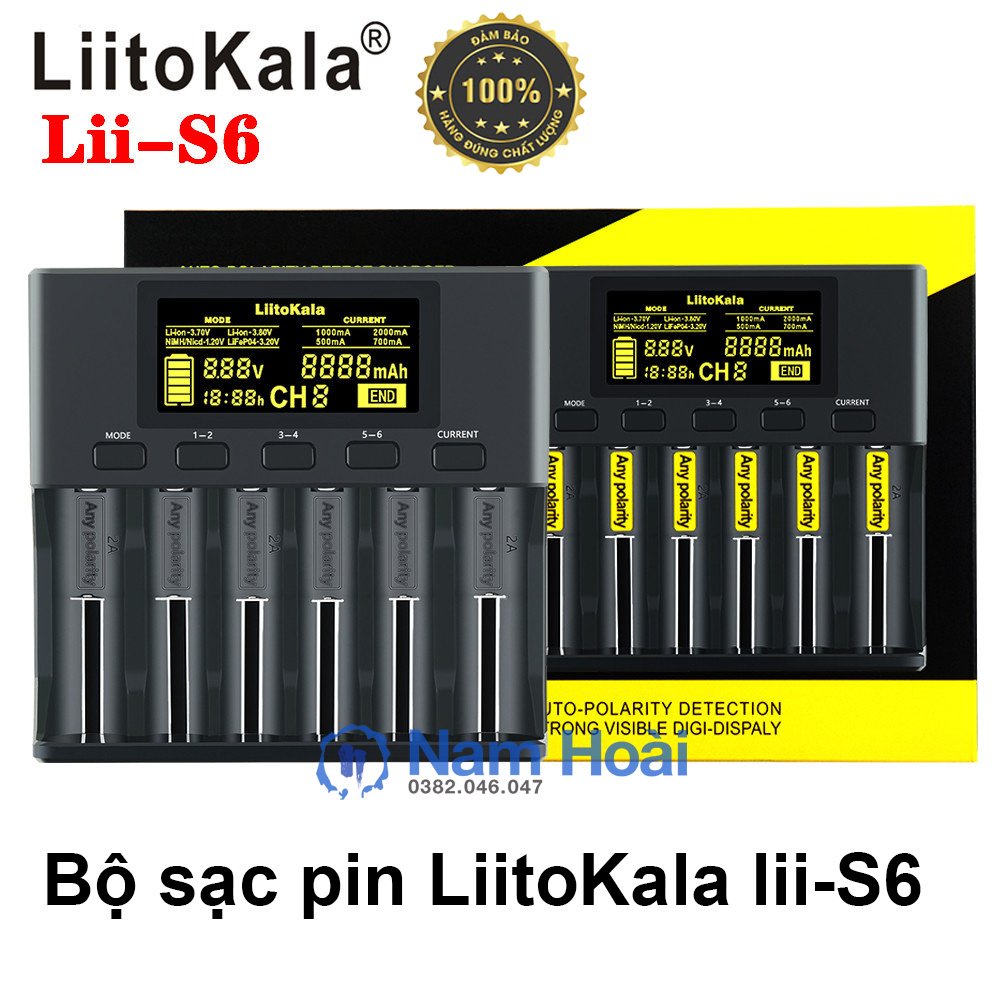 Bộ sạc pin LiitoKala lii-S6 6 ngăn cho pin 18650 26650 21700 14500,10440 AA, AAA...