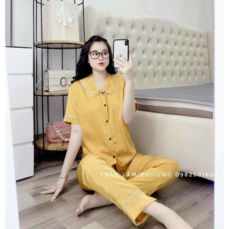 Bộ Pyjama Thiết Kế Cổ Ren Tay Cộc Quần Dài Siêu Hot