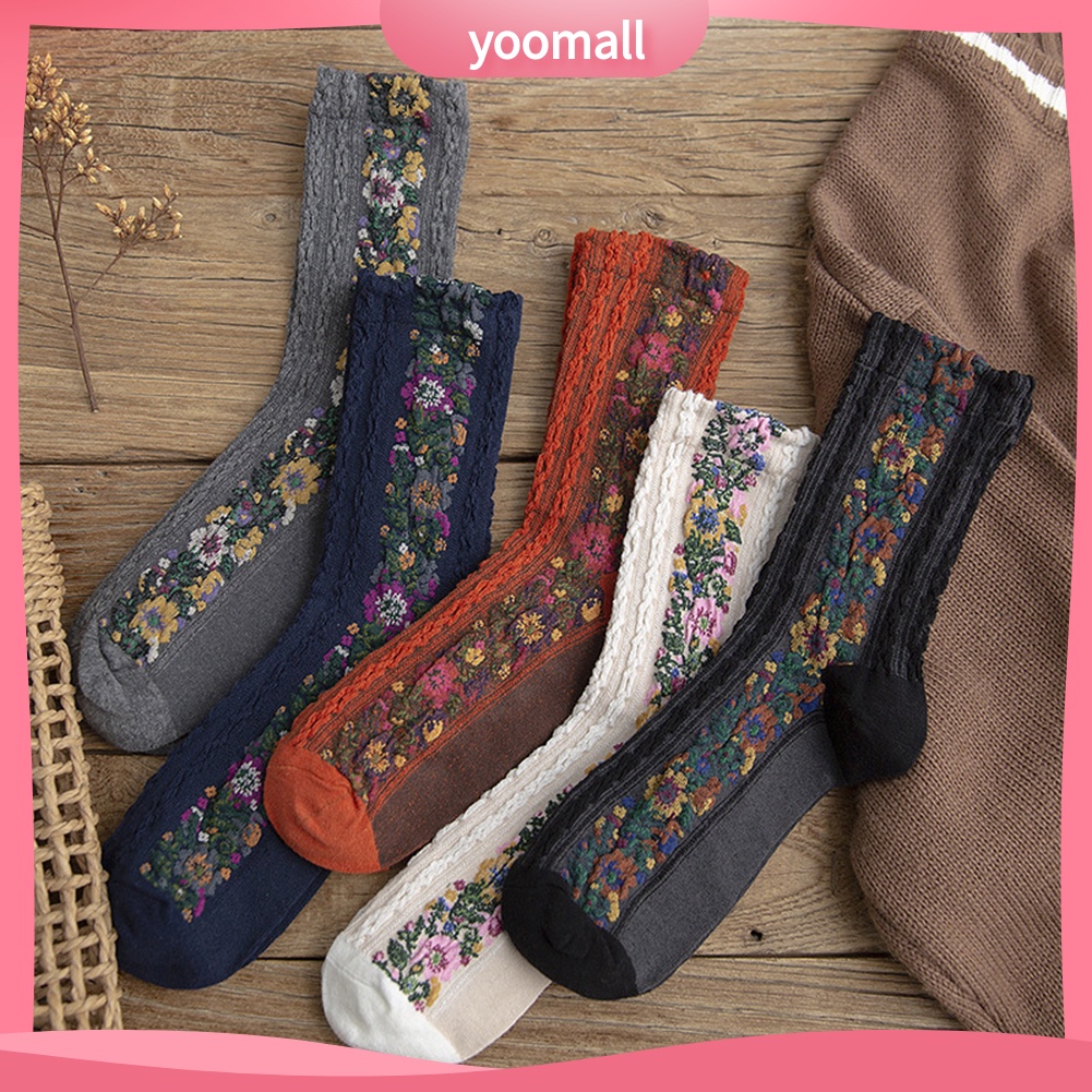 tất cotton giữ ấm họa tiết hoa cổ điển thời trang cho nữ