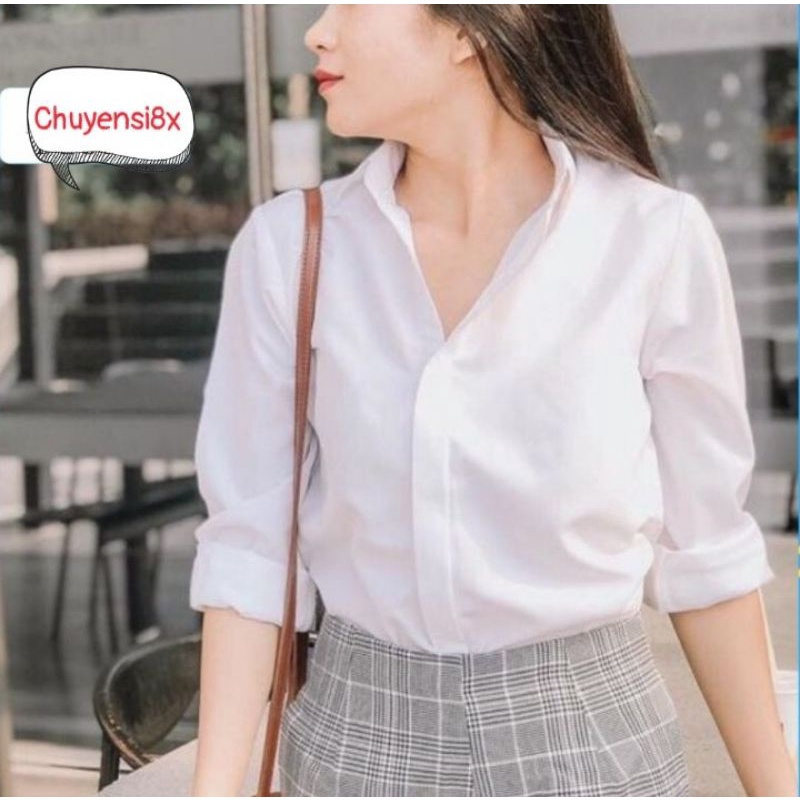 Áo Sơ Mi Nữ Trắng Công Sở, Dáng Suông  Sơ mi nữ giấu cúc, dáng basic dễ phối đồ S01