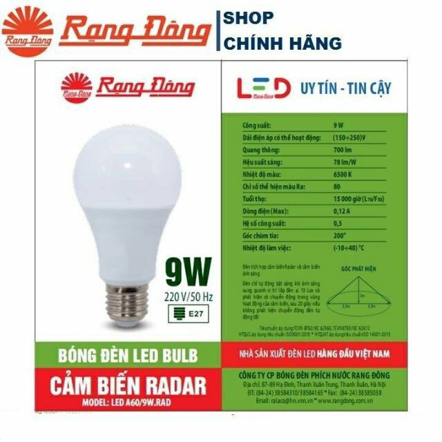 Bóng đèn led tròn cảm biến Rạng Đông 7w hoặc 9w chính hãng