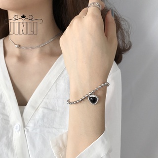 Vòng tay bằng hợp kim mặt hình trái tim đính đá đen đơn giản thời trang cho nữ 