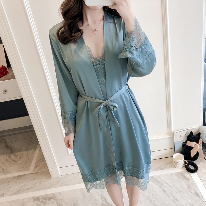 Set đầm ngủ lụa hai dây kèm áo khoác ngoài phối ren thời trang gợi cảm thoải mái cho nữ