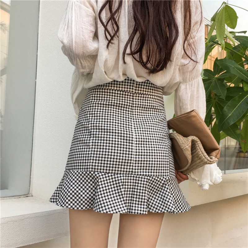New women's fresh plaid bag hip high waist ruffle fishtail skirt | BigBuy360 - bigbuy360.vn