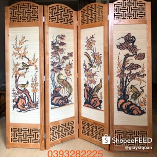 Bình phong khung gỗ tự nhiên nền mành