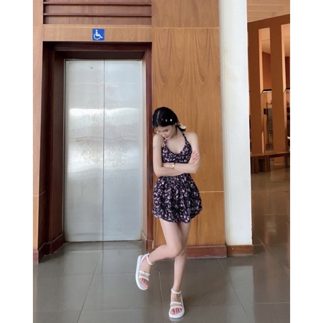 Đầm hoa nhí 2 dây cổ yếm, váy hoa nhí 2 dây