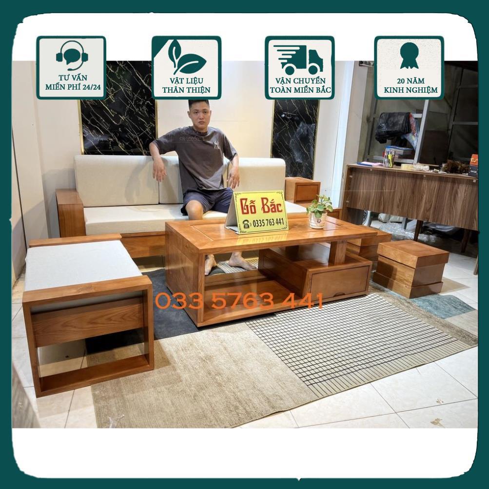 Sofa gỗ sồi nga 100% cho phòng khách hiện đại, phong cách sang trọng, kích thước ghế dài 2m3 kèm bàn trà và 1 đôn diđộng