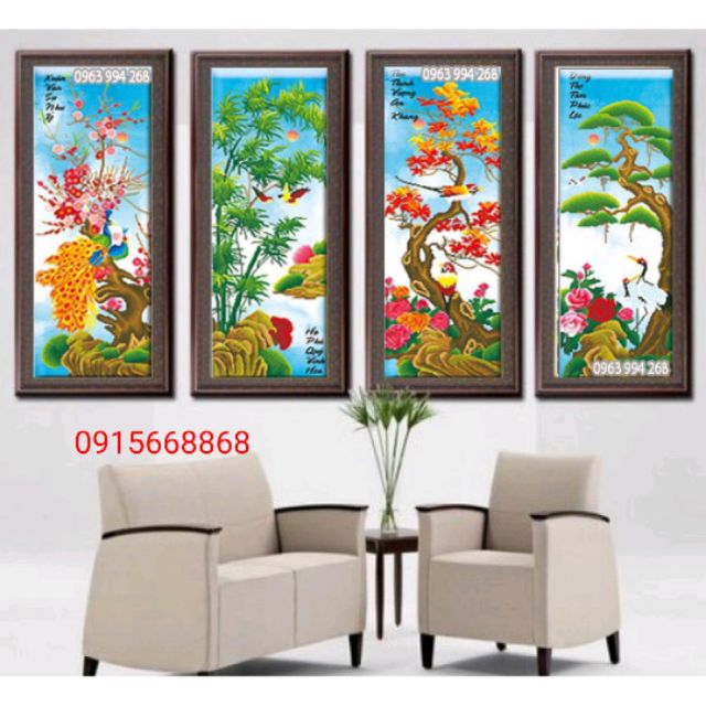 Tranh thêu chữ thập tứ quý tuyệt đẹp kt 33*78*3