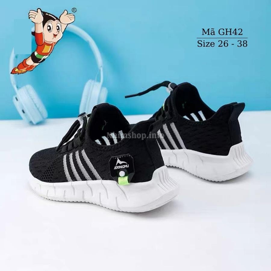 Giày thể thao bé trai màu đen 3 - 12 tuổi khóa rút sành điệu đế siêu nhẹ chống trơn cho trẻ em nam đi học chạy bộ GH42