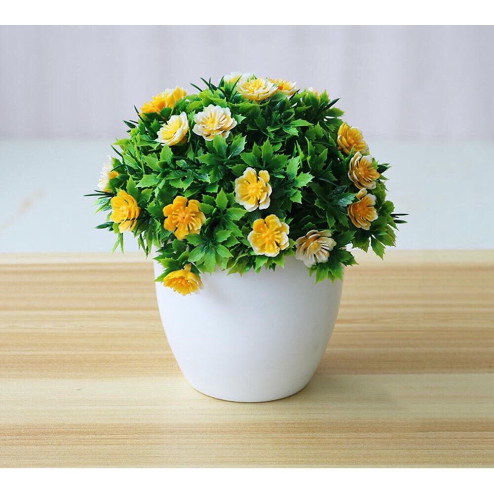 Hoa nhựa, chậu hoa giả để bàn mini trang trí màu sắc tươi sáng (kèm chậu nhựa được chọn màu) Lalii-01