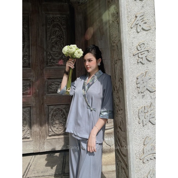 Bộ lam đi chùa vạt chéo xám nữ, đồ bộ đi chùa nữ