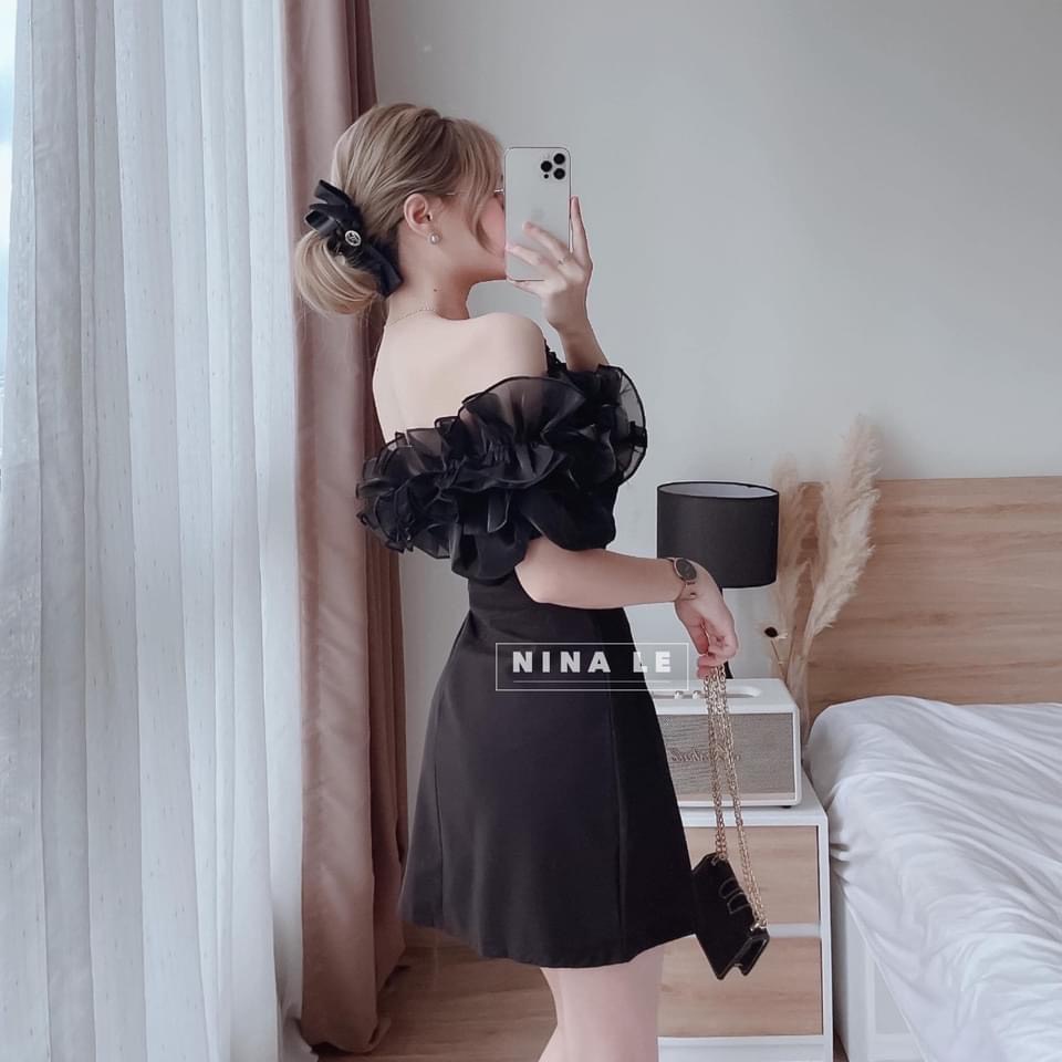 Đầm đen bèo trễ vai,  đầm tiểu thư bẹt vai đi tiệc sang chảnh
