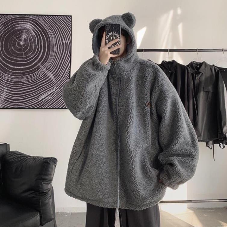 Áo Khoác Tai Gấu Xám Hot Trend Phong Cách Unisex Nam Nữ- Áo Khoác Kéo Khoá Ulzzang