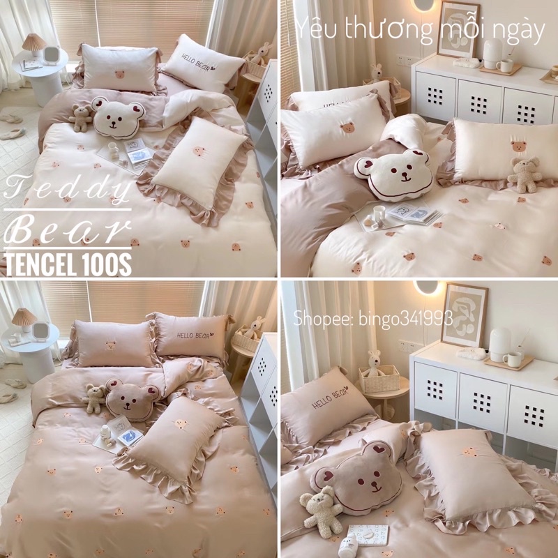 Chăn Ga Teddy Bear Tencel 100s gỗ sồi Oganic mềm mại óng ả