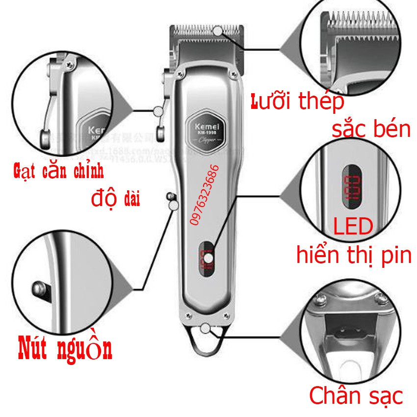 Tông đơ kemei 1998 pin Lithium-ion sử dụng 150 phút cắt tóc cho bé, cắt tóc chuyên nghiệp rất tốt tặng lược Tony cao cấp