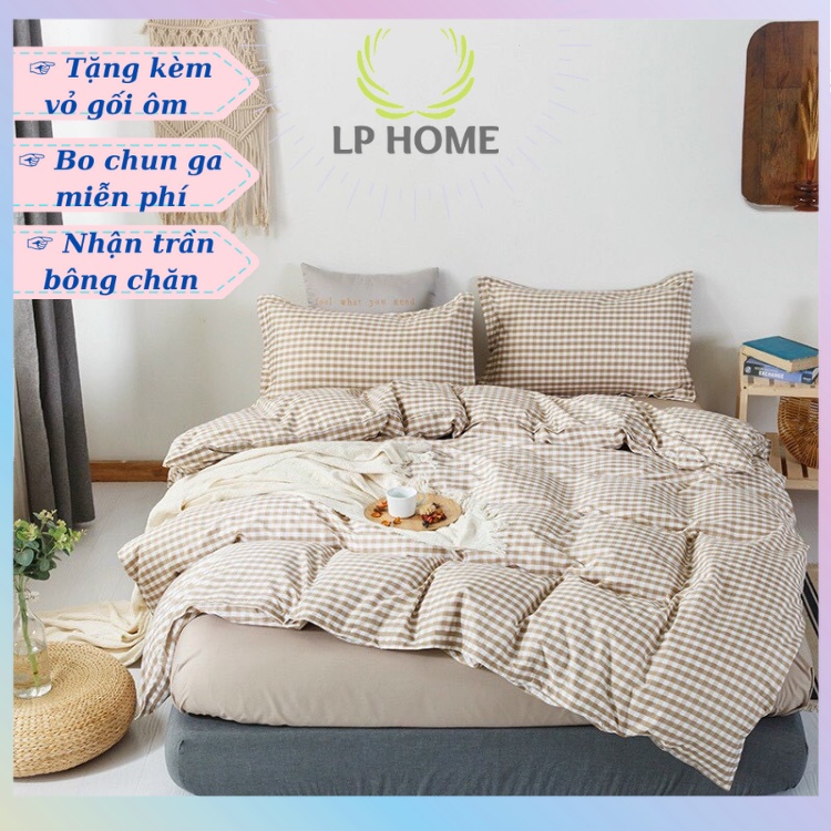 Bộ chăn ga gối Poly Hàn Quốc Kẻ caro be cao cấp (Tặng vỏ gối ôm) - Miễn phí bo chun