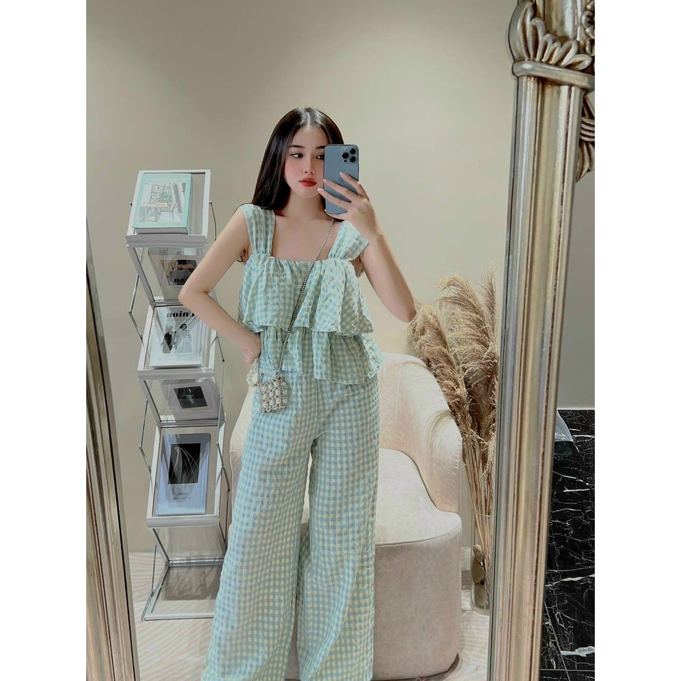 (FreeShip 2022) Bộ nữ ống rộng,bộ caro áo 2 dây thiết kế tầng mix quần ống rộng có túi,chất kate xốp,2 màu dễ mặc