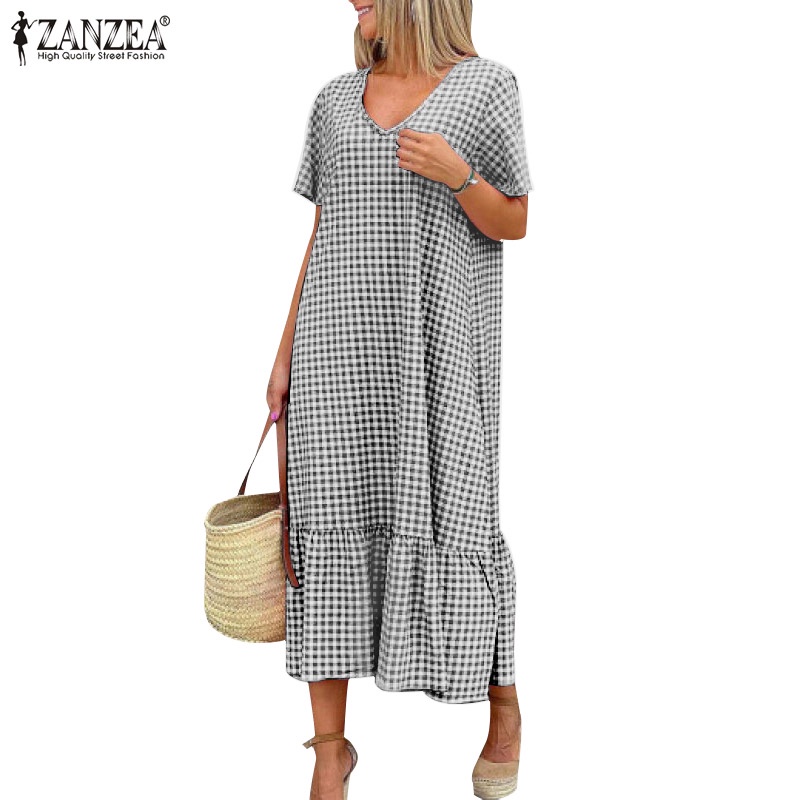 Đầm dáng rộng Zanzea tay ngắn cổ chữ v thời trang trẻ trung cho nữ