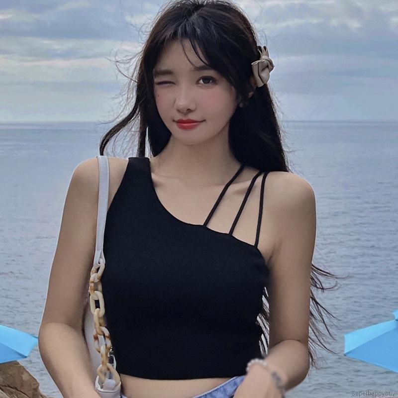 Áo croptop dệt kim lệch vai phong cách Hàn Quốc