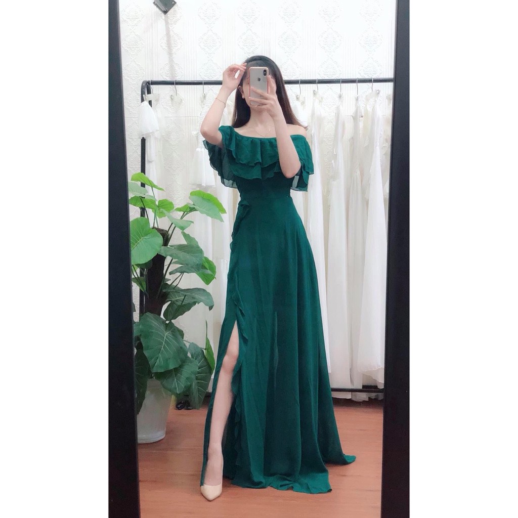 Đầm maxi trễ vài bèo xẻ tà cách điêu- Hình thật Sp 100%
