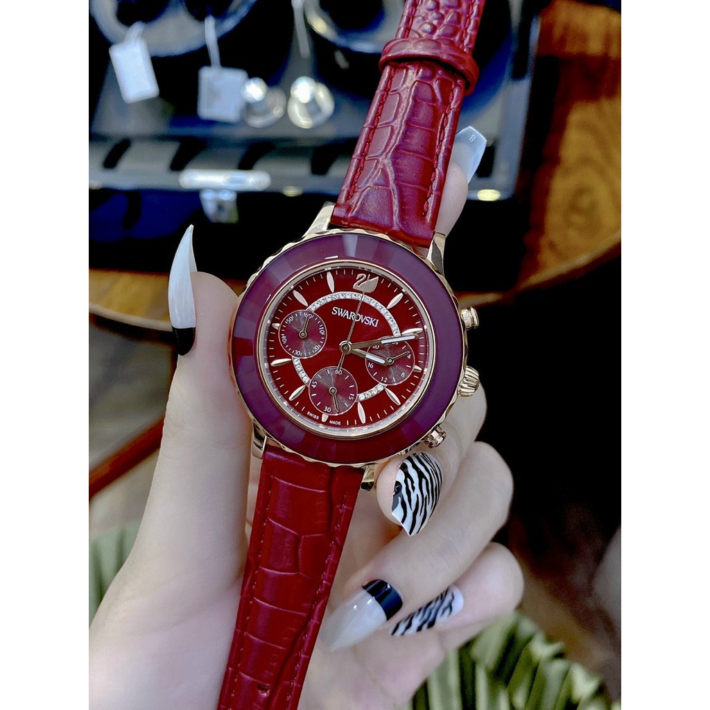 Đồng hồ nữ chính hãng, đồng hồ đeo tay nữ SWAROVSKI full box siêu sang, thiết kế dây da đỏ thời trang siêu hot, cực hot