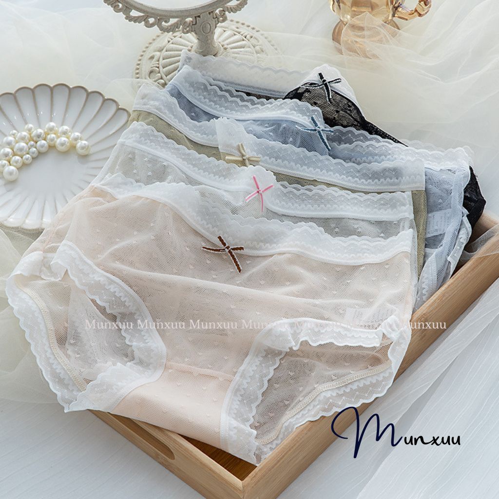 Quần lót nữ ren ren gấm cao cấp MUNXUU họa tiết chấm bi phối ren lưới xuyên thấu gợi cảm- QC133