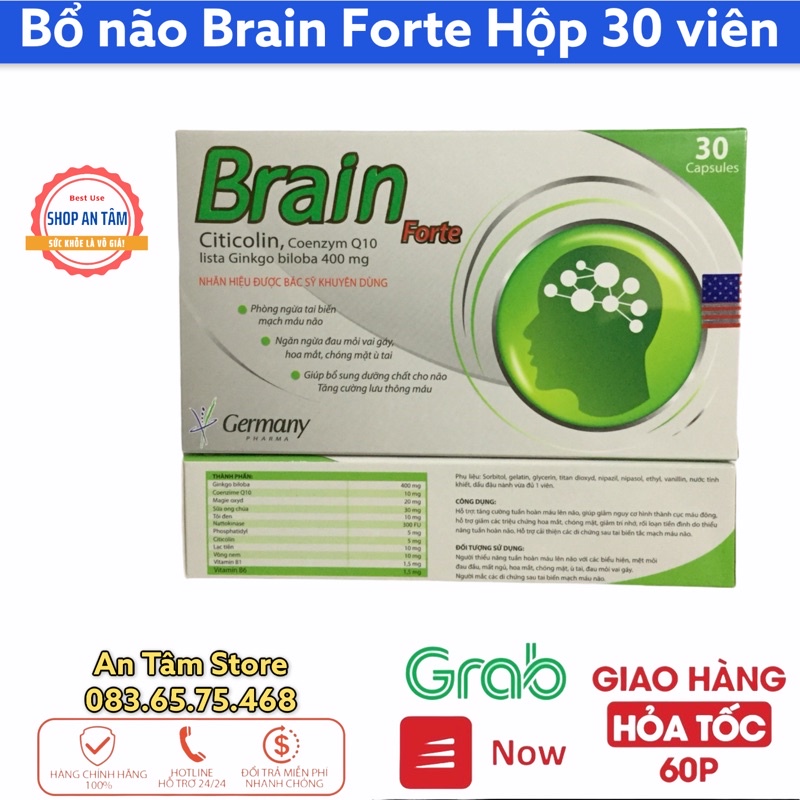 Viên uống bổ não Brain Forte citicolin, ginkgo biloba 400, Q10  tăng cường tuần hoàn máu lên não.