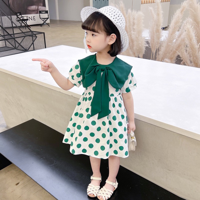 Váy bé gái chấm bi nơ cổ to 2 mầu xanh vàng XHN982