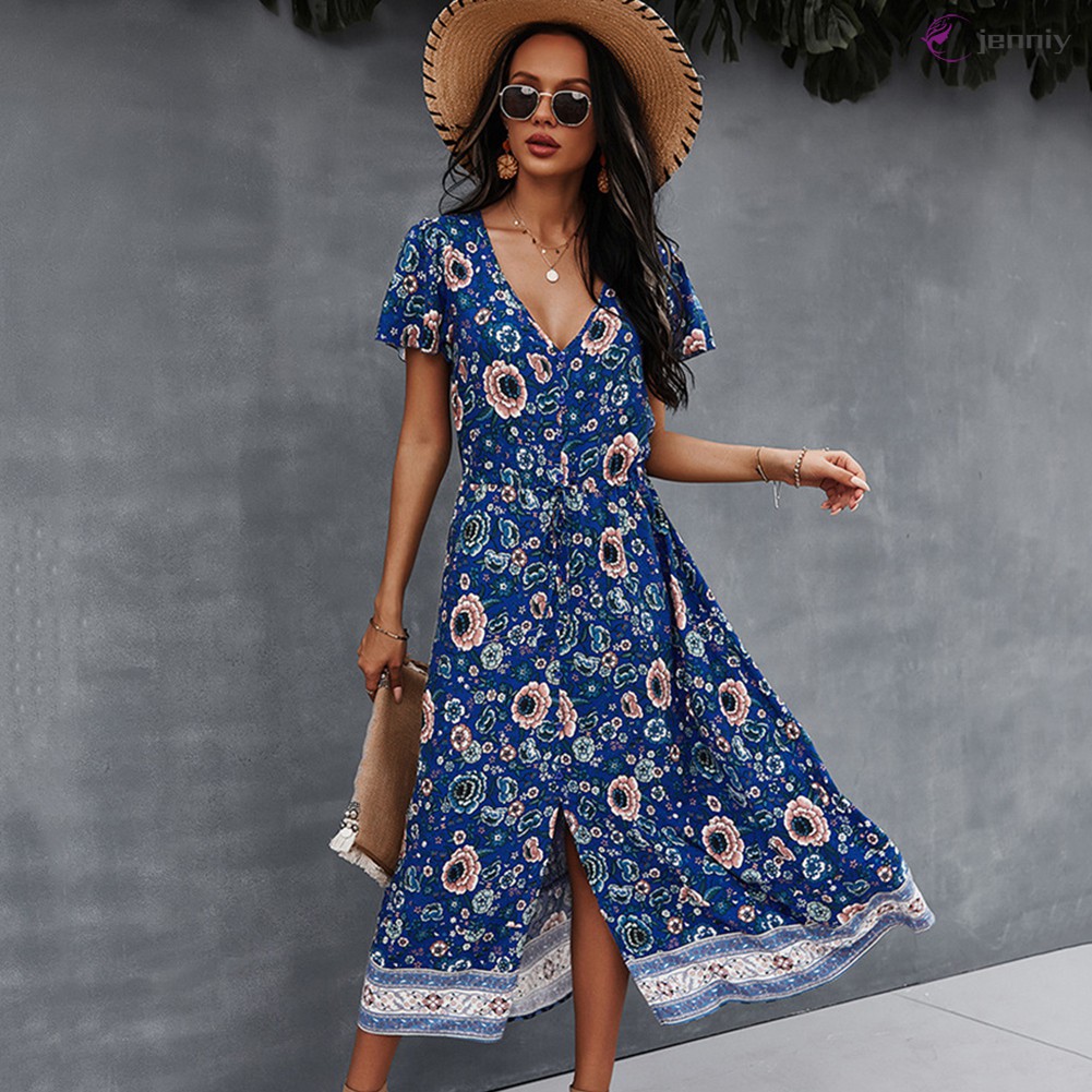 Đầm Dài Tay Ngắn Cổ Chữ V In Họa Tiết Hoa Thời Trang Mùa Hè Cho Nữ | BigBuy360 - bigbuy360.vn