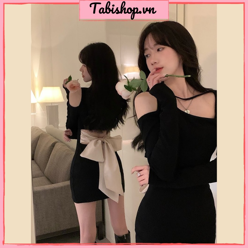 Váy body dự tiệc thắt nơ sau Tabishop Đầm nữ hở lưng dài tay phong cách ulzzang Hàn quốc siêu xinh | BigBuy360 - bigbuy360.vn