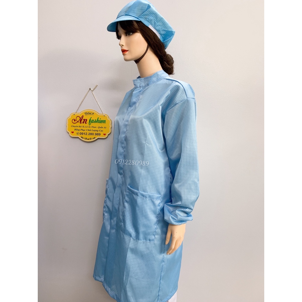Áo phòng sạch dáng dài vải chống tĩnh điện màu xanh - Áo blouse phòng sạch _ Hình chụp thật