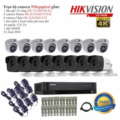 Trọn bộ 16 camera giám sát Hikvision TVI 5 Megapixel DS-2CE16H0T-ITF Chính hãng