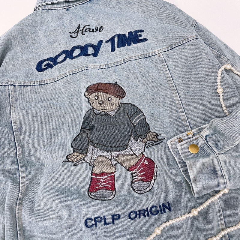 Áo Khoác Jeans Bò Thêu Gấu Dáng Thụng