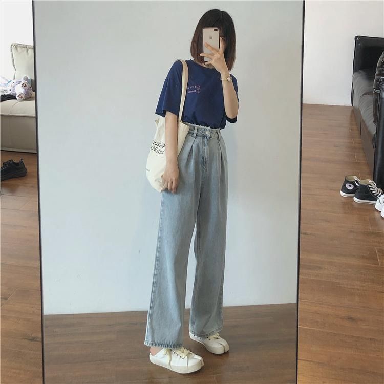 Quần jean lưng cao dáng rộng phong cách retro Hàn Quốc dễ phối đồ
