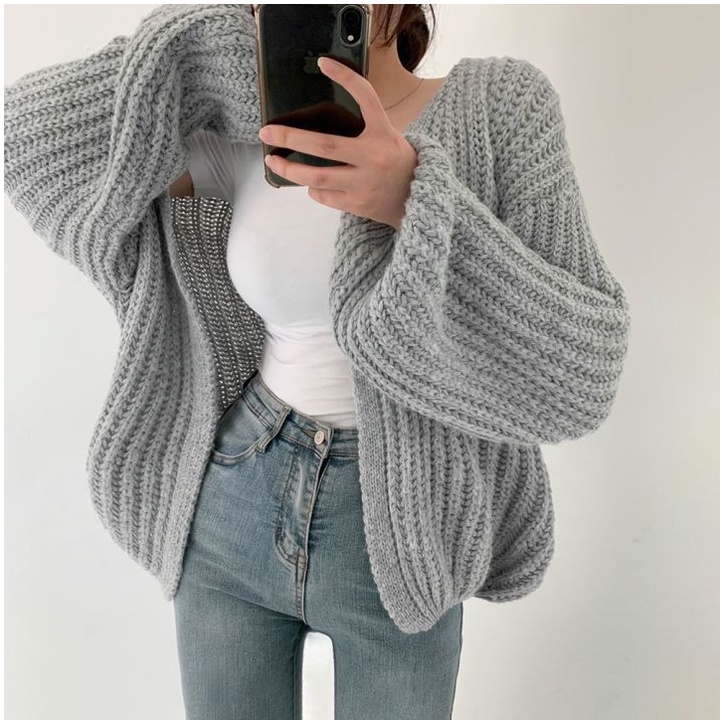 Áo khoác cardigan SUXI dệt kim dáng rộng cổ chữ V màu sắc thanh lịch