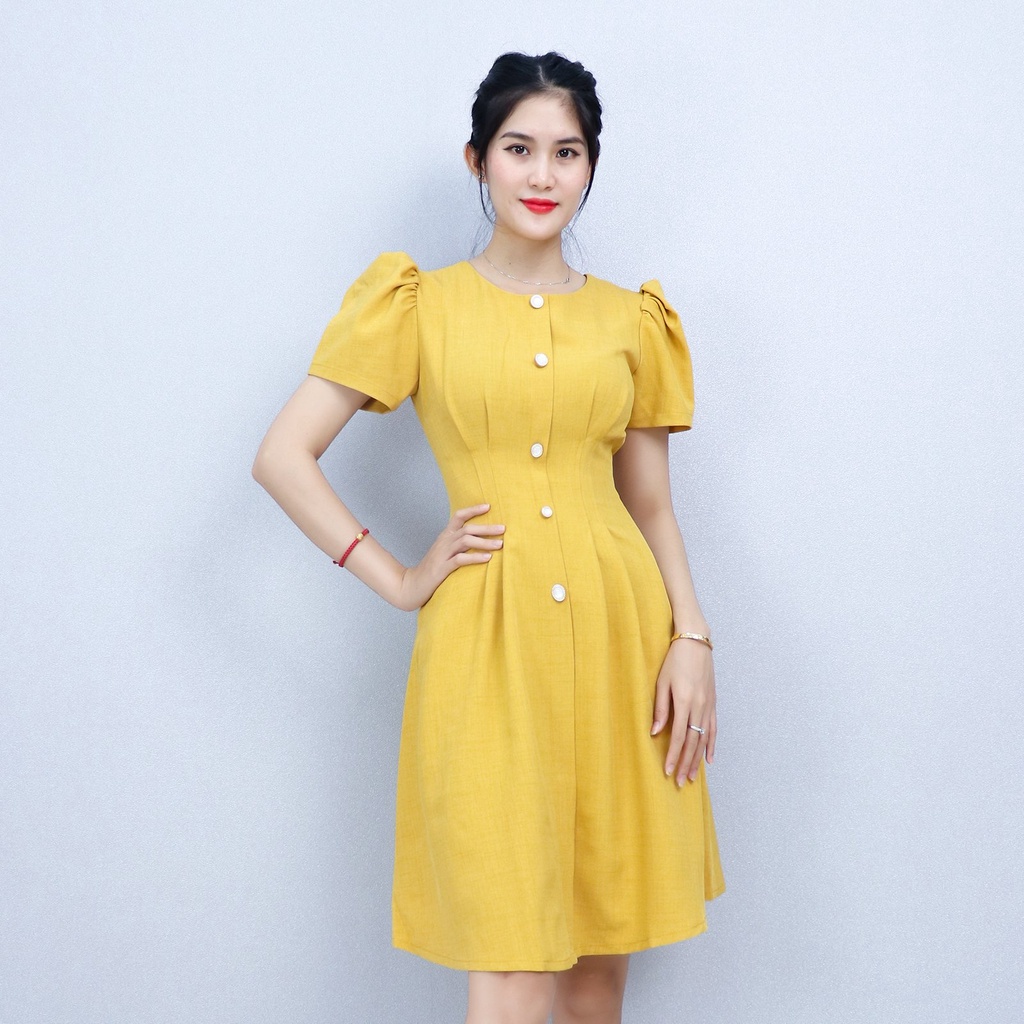 Đầm Dự Tiệc Công Sở Sang Trọng Bigsize AMYRA , Thiết Kế Dáng Chữ A Tay Phồng Phối Nút Cao Cấp Đi Làm Đi Tiệc DA185