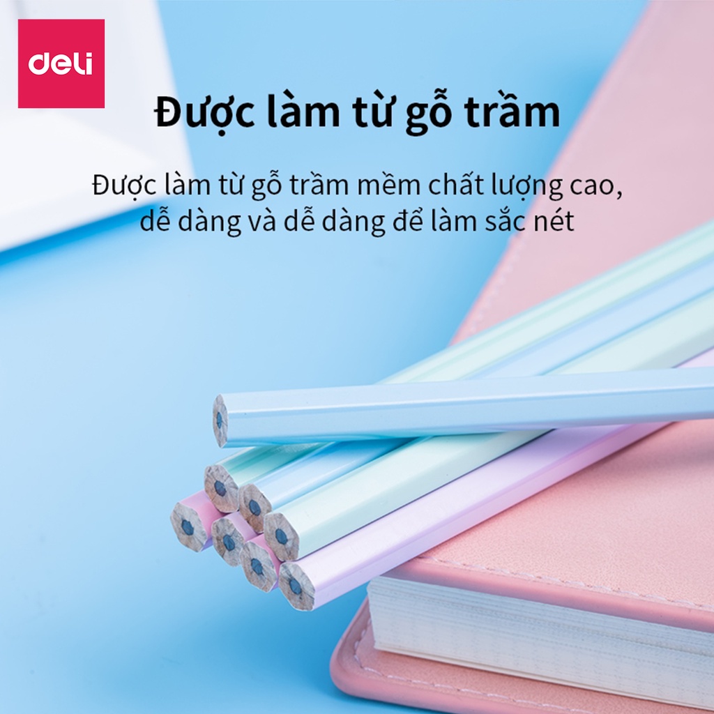 Bút chì lục giác Deli - 30 chiếc/hộp loại 2B/HB tặng kèm gọt và tẩy màu sắc dễ thương, thân gỗ tự nhiên dễ gọt khi dùng