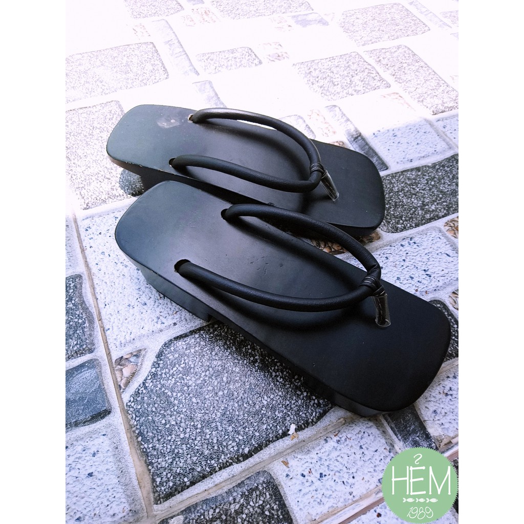 Guốc Nhật/ Geta 2 phân, 4 phân đế đen quai nhung đen/da đen