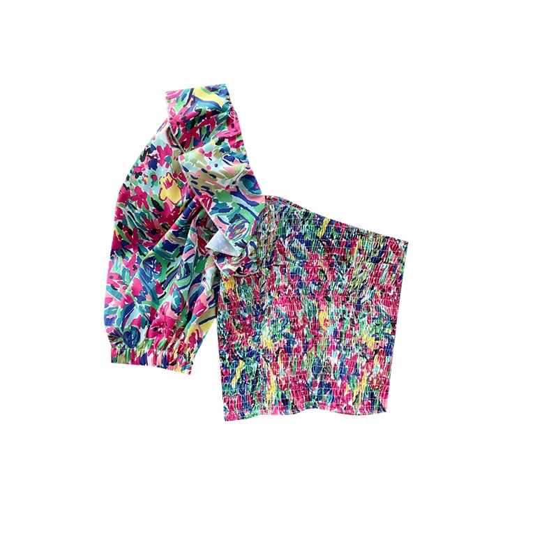 IELGY Áo chiffon Tay Phồng Trễ Vai Phối Bèo In Họa Tiết Trái Tim Gợi Cảm