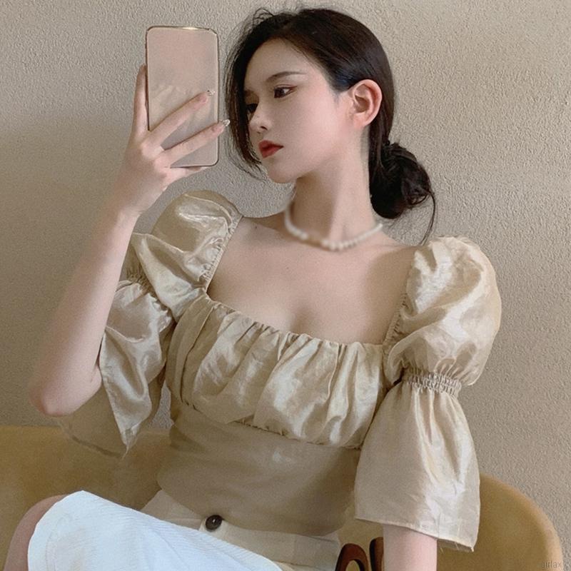 Áo kiểu croptop cổ vuông tay ngắn thiết kế dây đan chéo thắt nơ sau lưng màu trơn phong cách Hàn Quốc retro cho nữ