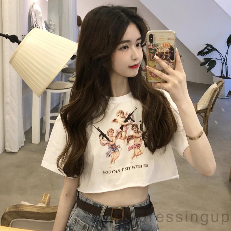 Áo thun hở bụng tay ngắn cổ tròn thời trang đơn giản in hình thiên thần và chữ cái dành cho bạn nữ | BigBuy360 - bigbuy360.vn