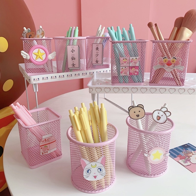 Ống đựng bút bằng lưới kim loại Béo shop để bàn văn phòng , giỏ sắt cắm bút hình vuông, tròn gắn hình thú dễ thương